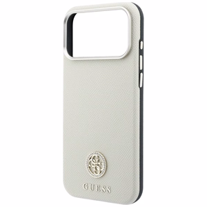 Guess Grained Round Strass Logo MagSafe dėklas iPhone 18 Pro / 17 Pro – smėlinis