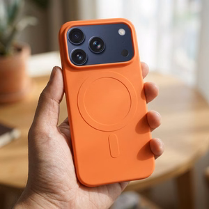 Silikoninis „Mag Cover“ dėklas, skirtas „iPhone 17 Pro / 18 Pro“, suderinamas su „MagSafe“, su didele kameros išpjova – oranžinis