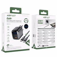 Acefast A113 GaN PD 20W USB-C tinklo įkroviklis su ekranu ir USB-C laidu - juodas