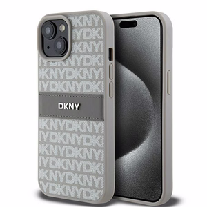 DKNY Odinis mono juosta ir metalinis logotipas dėklas telefonui iPhone 15 Plus / 14 Plus - smėlio