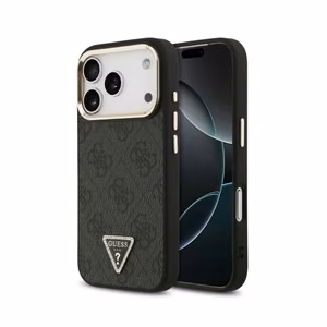 Guess PU Leather 4G Strass Triangle Logo Gold Frame MagSafe dėklas Apple iPhone 18 Pro Max, juodas