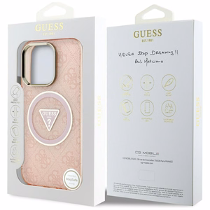 Guess IML Metal Glitter 4G Circle Triangle Magnetinis dėklas telefonui iPhone 16 Pro Max - rožinis