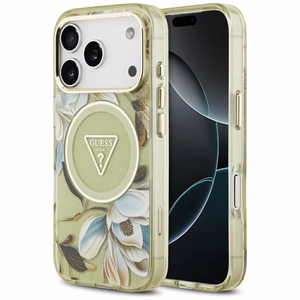 GUESS dėklas telefonui IPHONE 17 Pro Max, suderinamas su MagSafe GUHMP17XHFLPEDN (IML metalizuotos blizgios gėlės trikampis) žalias