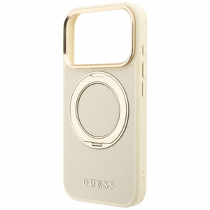 Guess Grained Classic Logo dėklas, skirtas iPhone 18 Pro / 17 Pro, su 360° žiedu-stovu, suderinamas su MagSafe – smėlio spalvos