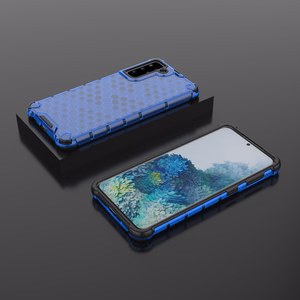 Korinio dizaino dėklas šarvuotas dangtis su geliniu rėmeliu Samsung Galaxy S22 + (S22 Plus) mėlynas
