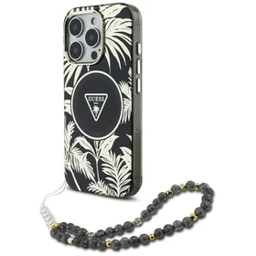 Guess Palm Trees Triangle Pearl Strap MagSafe dėklas telefonui iPhone 16 Pro juodas