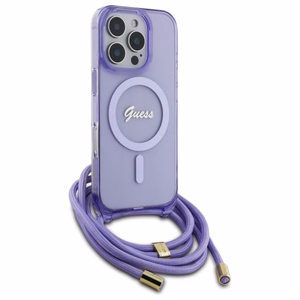 Guess Crossbody Cord Script Magnetinis dėklas iPhone 16 Pro Max - violetinis