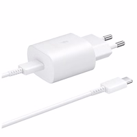 Samsung 25W EP-TA800EWE USB-C sieninis įkroviklis su Samsung EP-DA705BWE USB-C / USB-C kabeliu pakaitinėje pakuotėje - baltas