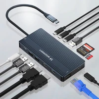 USB-C Hub 14 in 1 Wozinsky WDS03Y5S daugiafunkcis, aliuminis, 3 monitoriams, su 15 cm laidu - pilkas