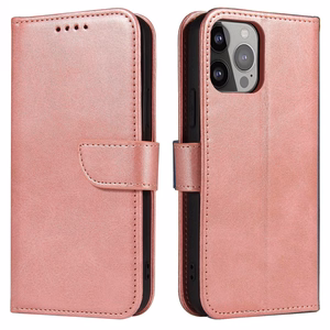 Magnetinis dėklas telefonui iPhone 14 Pro Max su atverčiamu dangteliu, pinigine ir stovu rožinis