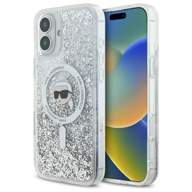 Karl Lagerfeld Skystas Blizgučiai Karl Head Magnetinis iPhone 16 Dėklas - Skaidrus
