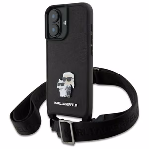 Karl Lagerfeld Saffiano Karl&Choupette Metal Pin CBDY dirželis iPhone 16 dėklas – juodas