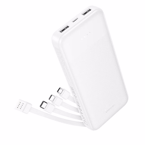 Išorinė baterija Hoco 10000 mAh 2A su keturiais integruotais laidais USB A + USB C + Lightning + Micro USB J163 balta