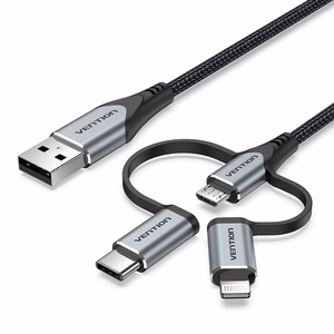 Vention USB 2.0 A Male to 3-in-1 Micro-B & USB-C & Lightning Male laidas 1 m, pilkos spalvos aliuminio lydinio tipo