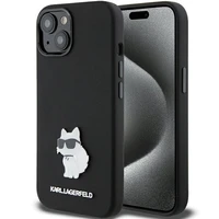 Karl Lagerfeld silikoninis Choupette Metal Pin dėklas telefonui iPhone 15 Plus / 14 Plus - juodas