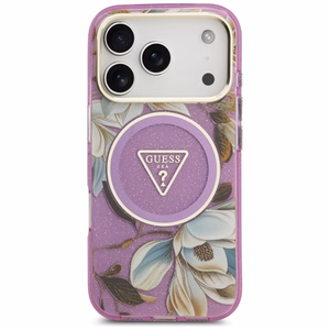 Guess IML Glitter Flowers Triangle MagSafe dėklas, skirtas iPhone 17 Pro / 18 Pro – violetinis