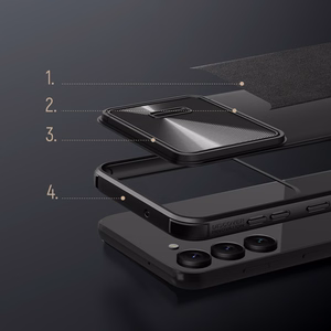 Nillkin CamShield Leather S dėklas telefonui Samsung Galaxy S23+ su kameros dangteliu juodas