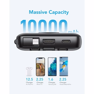 VEGER išorinė baterija 10000 mAh su įmontuotais kabeliais Micro USB / Type C / Lightning C10 (W1116) juoda