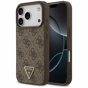 Guess Leather 4G Triangle Strass MagSafe dėklas iPhone 18 Pro / 17 Pro – rudas