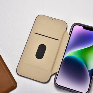 iCarer CE Premium odinis folio dėklas iPhone 14 Plus magnetinis atverčiamas odinis folio dėklas MagSafe tamsiai violetinė