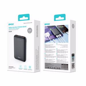BWOO išorinė baterija P72 QC 22.5W PD 20W 5000 mAh su 2 x USB-A ir 1 x USB-C jungtimis, juoda