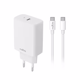 "Maxlife MXTC-10-20C PD QC įkroviklis 1x USB-C 20W baltos spalvos + USB-C - USB-C kabelis 20W