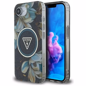 Оригинальный чехол GUESS IML Metal Glitter Flowers Triangle MagSafe для iPhone 17e/16e чёрный