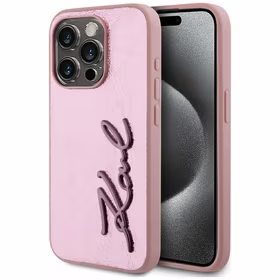 Karl Lagerfeld Wrinkled Metal Signature dėklas telefonui iPhone 15 Pro Max - rožinis