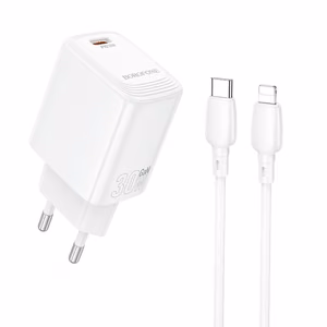 Borofone sieninis įkroviklis BN28 Fuente - Type C - PD 30W su Type C į Lightning kabeliu baltas