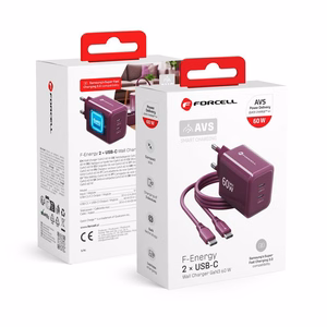 Bordo spalvos 60 W sieninis įkroviklis „Forcell F-Energy GaN III Crystal Color VT-60“, 2 × USB-C, AVS/PPS, su 1 m 60 W silikoniniu USB-C–USB-C kabeliu