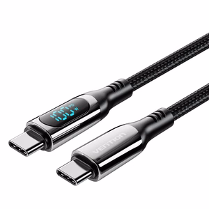 Vention medvilninis USB 2.0 C Male į C Male 5A laidas su LED ekranu 1.2M, juodas, cinko lydinys