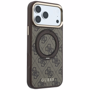 Guess Ring Stand 360 4G Classic Logo MagSafe dėklas iPhone 18 Pro / 17 Pro – rudas