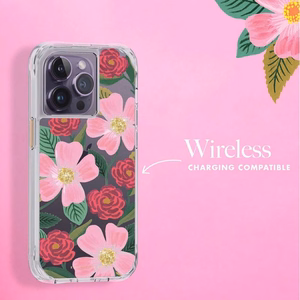 Rifle Paper Clear dėklas, skirtas iPhone 14 Pro, su aukso spalvos dekoru, „Rose Garden“ rašto