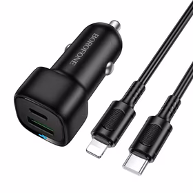 "Borofone" automobilinis įkroviklis BZ34B Cloud - USB + C tipo - QC 3.0 PD 38W su C tipo "Lightning" kabeliu, juodas