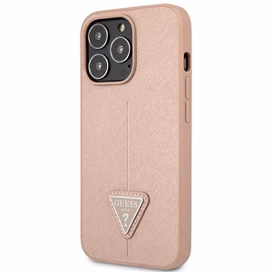 Guess GUHCP14XPSATLP iPhone 14 Pro Max 6.7" rožinis kietasis dėklas Saffiano Triangle Logo