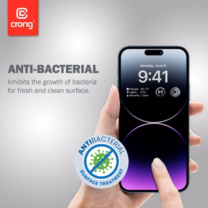 Crong Anti-Bacterial 3D Armor Glass 9H visą ekraną dengiantis grūdintas apsauginis stiklas, skirtas iPhone 14 Pro Max, su montavimo rėmeliu