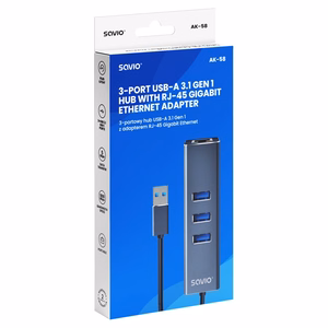 Savio AK-57 USB-A į 3x USB-A šakotuvas su RJ-45 Gigabit Ethernet adapteriu, USB 3.2 Gen 1, juodas/pilkas