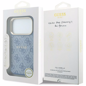 Dėklas Guess PU Leather 4G Gold Frame Embossed MagSafe Apple iPhone 18 Pro Max mėlynas