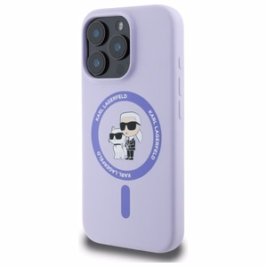 Dėklas telefonui Karl Lagerfeld Silikoninis Karl&Choupette Heads Ring MagSafe iPhone 16 Pro - violetinis