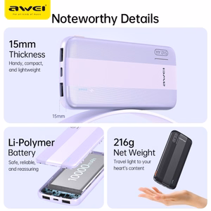 Išorinė baterija Power Bank Awei P20K 5V/2.4A 10000mAh juoda