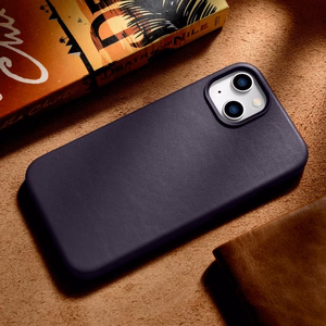 Чехол iCarer Leather из натуральной кожи для iPhone 14 Plus тёмно-фиолетовый (совместим с MagSafe)