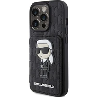 Karl Lagerfeld Saffiano kortelių lizdai ir stovas monograma Ikonik pleistras dėklas iPhone 15 Pro - juoda