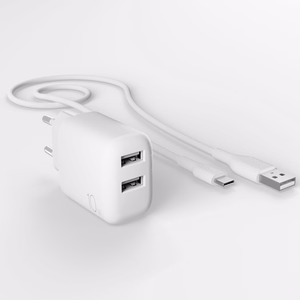 Puro PROLITE 10W 2x USB-A sieninis įkroviklis + USB-A - USB-C kabelis 1.2m - baltas