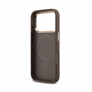 Dėklas Guess PU Leather 4G Strass Triangle Logo Gold Frame MagSafe Apple iPhone 18 Pro rudas