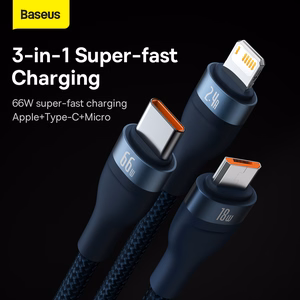 Baseus kabelis Flash Series II 3 in 1 - USB į Type C, Lightning, Micro USB - 66W 6A 1,2 metro (CASS040003) mėlynas