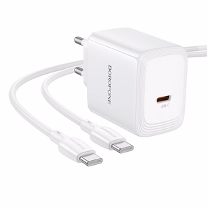 Borofone BN33 Fuente GaN USB-C tinklo įkroviklis QC3.0 PD 40W su USB-C laidu baltas