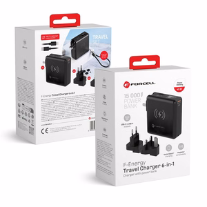 FORCELL F-ENERGY daugiafunkcinis įkroviklis 45W 6in1 su USB A ir USB C lizdais, išorinė baterija 15000mAh ir belaidis įkrovimas 15W