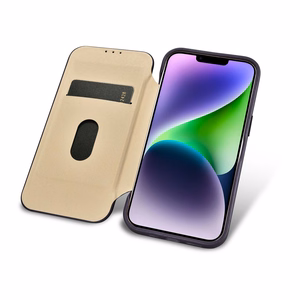 iCarer CE Premium odinis folio dėklas iPhone 14 Plus magnetinis atverčiamas odinis folio dėklas MagSafe tamsiai violetinė