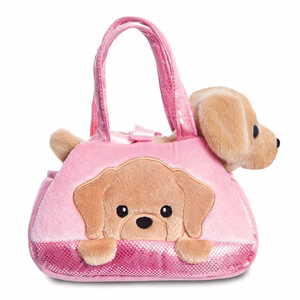 Fancy Pals PeekaBoo ekologiškas pliušinis Labradoro žaislas rožiniame krepšelyje, 20 cm