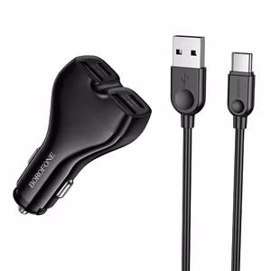 Juodas automobilinis įkroviklis Borofone BZ35 Leader – 2 x USB-C + USB, PD 30W, su USB–USB-C laidu